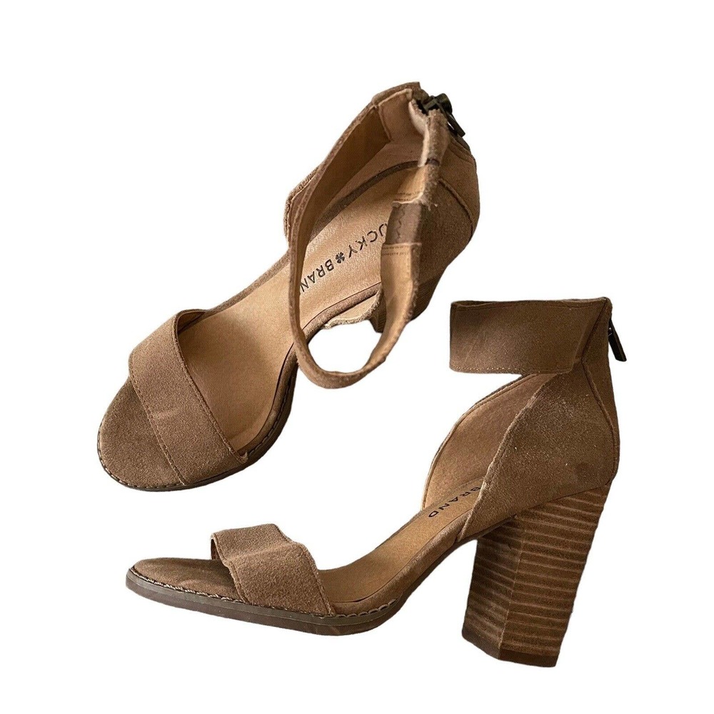 Lucky Brand 6.5 Lexara Heels Open Toe Sandals Block Heel Taupe Suede